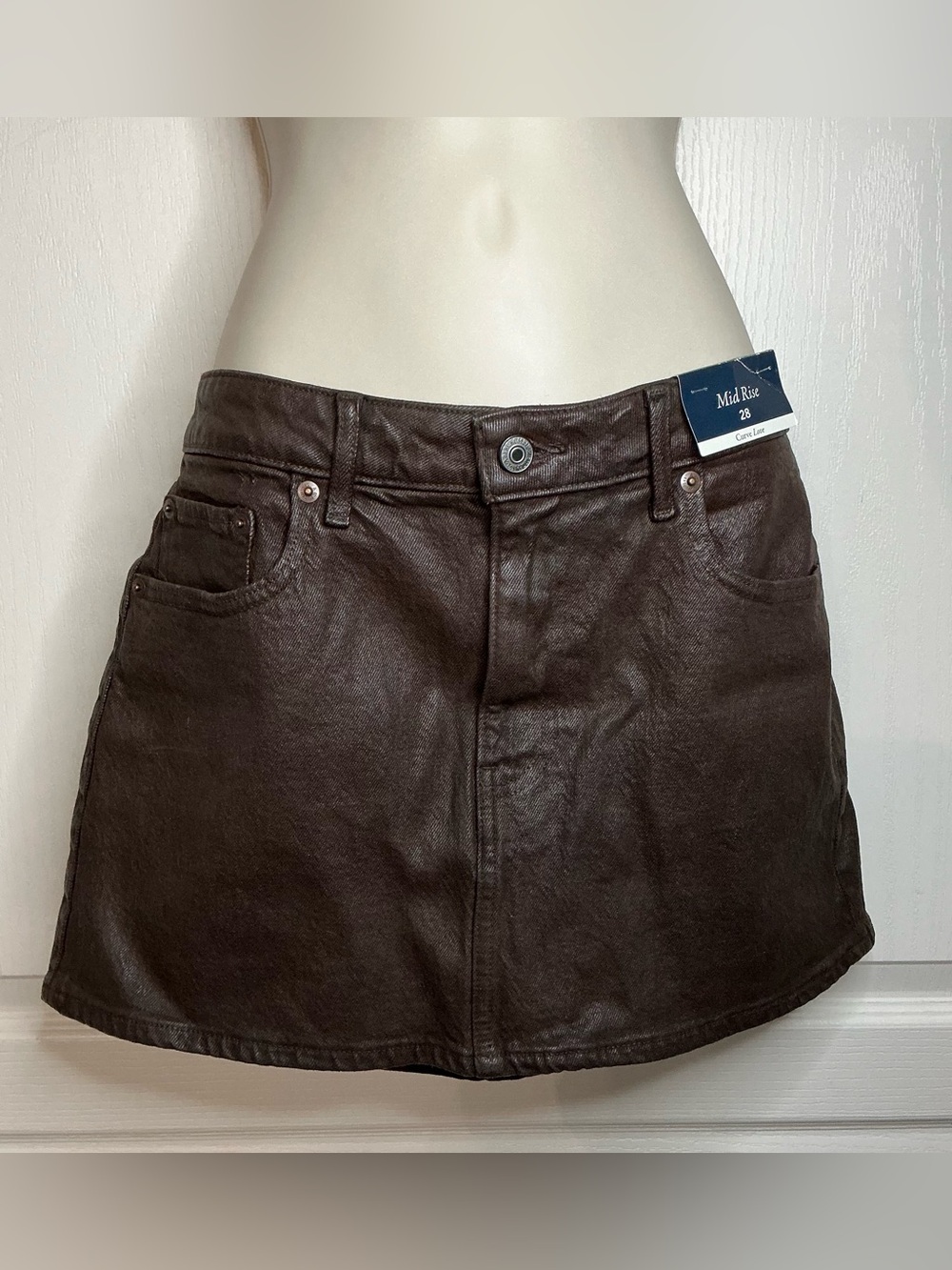 🤎 New 🤎 Brown Abercrombie & Fitch Curve Love Mid Rise Denim Mini Skirt - Picture 2 of 14